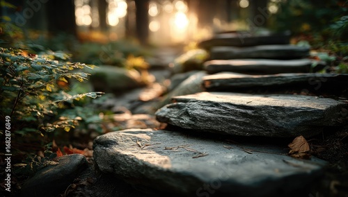 Stone steps in a forest at dawn. Sunlight filters through trees