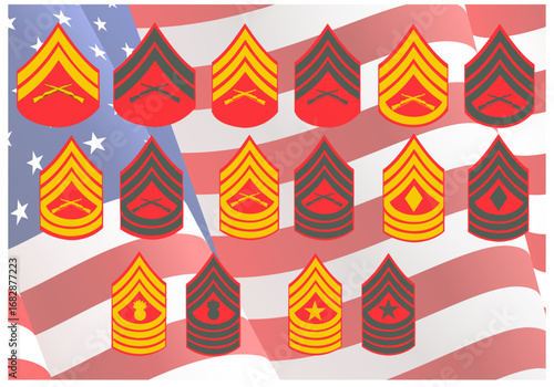Ensemble de galons de manche, tenue de jour et tenue de parade des corps de marine de l'armée américaine: Sous-officiers et hommes du rang, sous bannière du drapeau des Etats-Unis