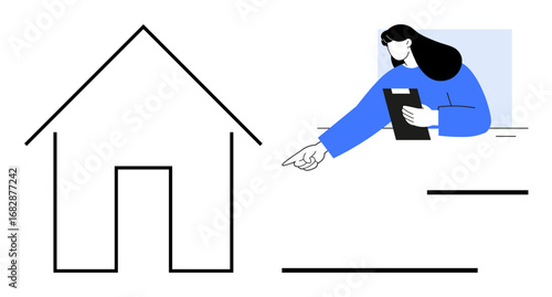 Outline of a house next to a professional holding a clipboard, gesturing thoughtfully. Ideal for real estate, home buying, property consultation, housing market, investment, design inspiration