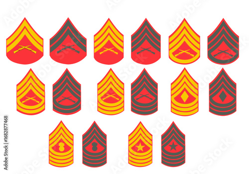 Ensemble de galons de manche, tenue de jour et tenue de parade des corps de marine de l'armée américaine: Sous-officiers et hommes du rang