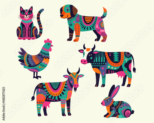 Colorful stylized illustration of farm animals including a cat, dog, chicken, cow, goat, and rabbit on a cream background.