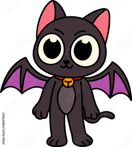 Cute Bat-Winged Black Cat Standing with Big Eyes (Color Outline Illustration)
