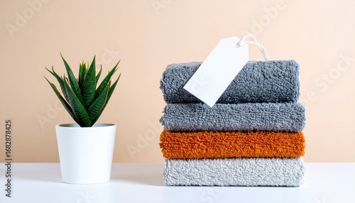 Stacked soft towels in gray and orange, plus a blank tag, beside a small potted succulent against a neutral background