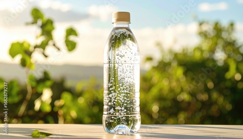 Clear plastic bottle filled with bubbly water sits on a surface, greenery and a hill softly focus in the background, under a bright sky