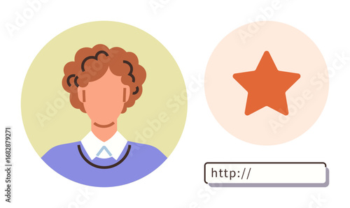 Person profile picture next to a star rating icon and URL bar highlight recognition, quality, and web presence. Ideal for identity, credentials, branding, feedback, social media, professionalism