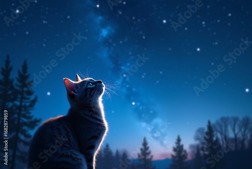 Cat Looking Up at Blue Night Sky with Stars and Glow