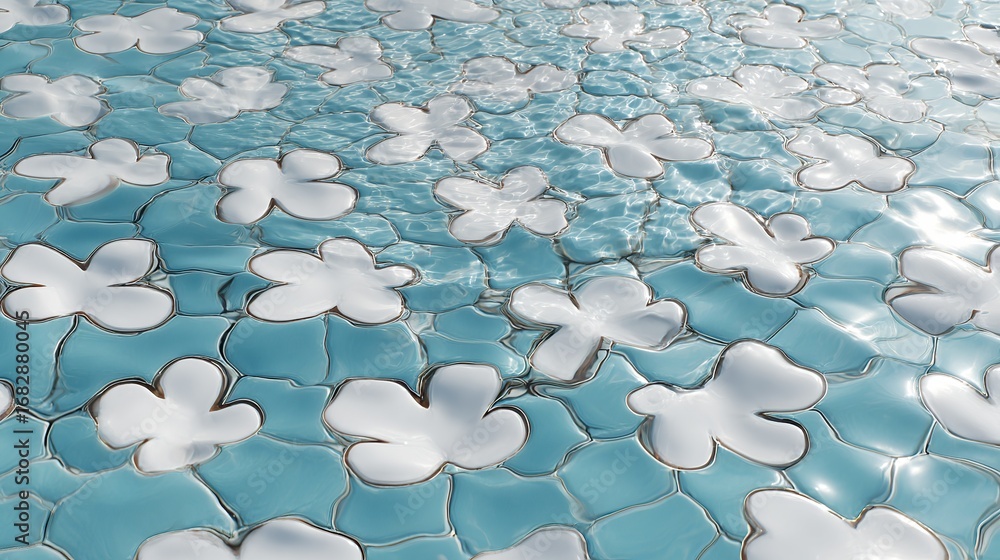 Obraz premium Close-up of glass mosaic tiles with abstract patterns, various shapes and sizes on a light blue background, adding depth and movement and flow through glass textures.