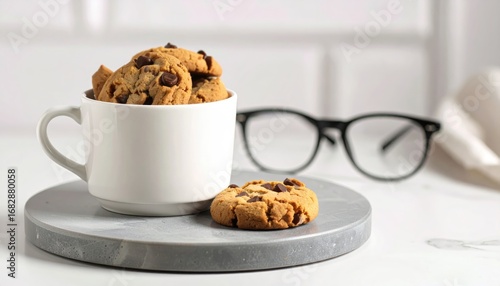 A stack of chocolate chip cookies in a white mug on a grey marble slab with glasses on a white tile backdrop creates a warm, inviting feeling