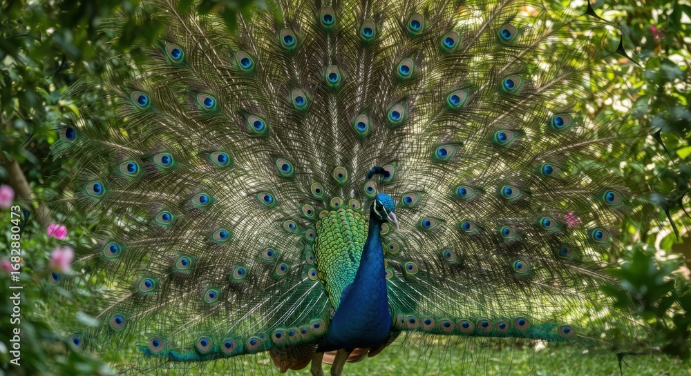 Fototapeta premium A vibrant peacock, its stunningly colorful feathers fanned out in a garden setting, showcasing the beauty of nature.