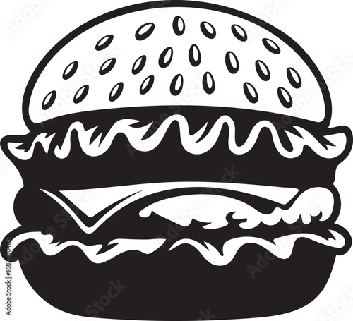 burger sandwich with a cheese slice, hamburger with lettuce silhouette design, cheeseburger flat food vector icon