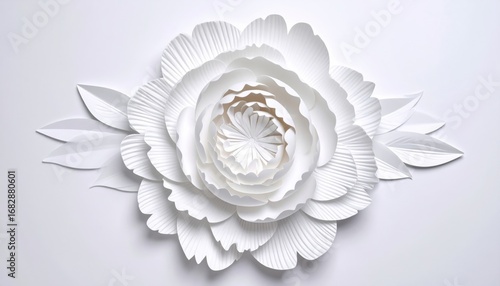 Elegant top-down shot of a layered, textured paper flower, pure white, with leaves, against a white background, artfully crafted and illuminated