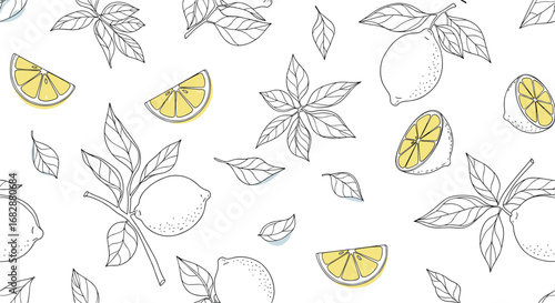 Summer refreshment citrus fruit slices and leafy botanical elements pattern