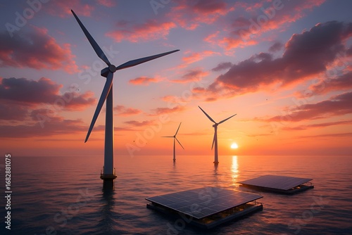 Offshore renewable energy hub with wind turbines and floating solar panels at sunset over calm ocean, dramatic sky with pink and orange clouds, sustainable power landscape for eco innovation and techn