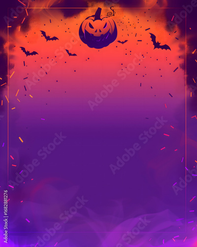 Mystical Halloween backdrop with carved pumpkins and silhouette bats on gradient background