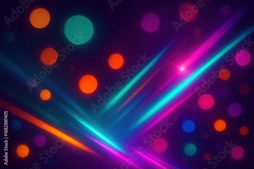 Neon light streaks and bokeh circles on dark purple abstract background image
