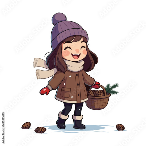 A happy little girl holds a basket of freshly picked apples