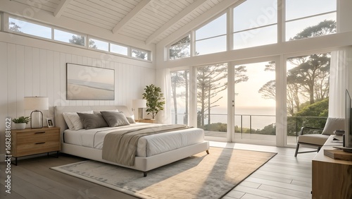 Bright and modern bedroom interior with ocean view and minimalist design