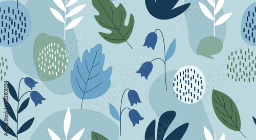 Charming woodland pattern featuring delicate bluebell flowers and abstract leaf shapes in a serene color palette