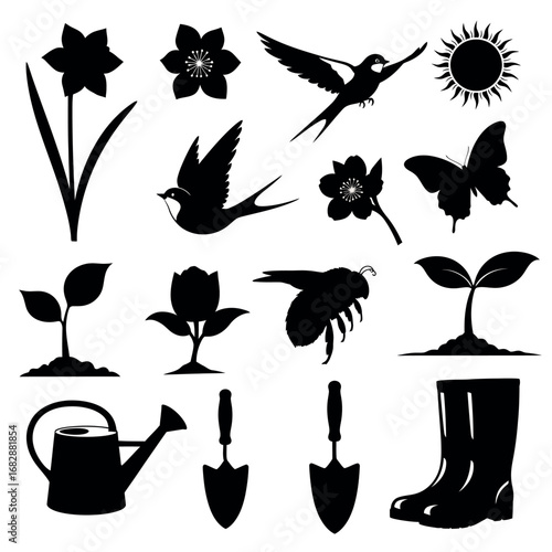 Vector illustration of silhouette of spring garden elements like flower, bird, and gardening tools