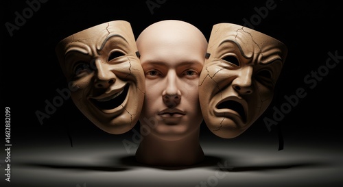 A head with comedy and tragedy masks, showcasing duality and emotional complexity.