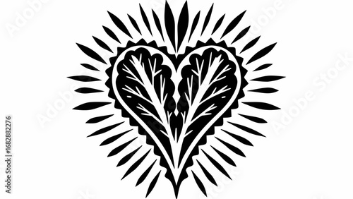 Decorative heart shape with stylized leaves inside and sharp geometric elements around the perimeter design silhouette