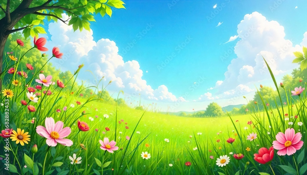 Fototapeta premium A vibrant summer scene featuring lush green grass, blooming wildflowers, and a clear blue sky overhead, suggesting a feeling of carefree movement and the joy of summer , joyful, blossom, carefree