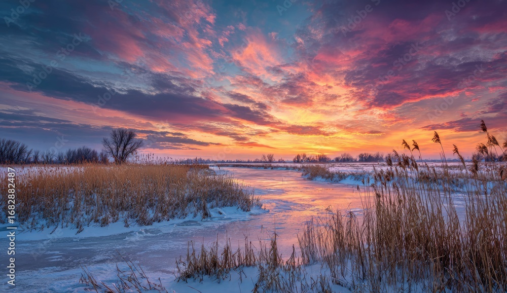 Fototapeta premium Winter sunrise over a frozen river. Sunrise paints a vibrant sky with warm colors over a frozen river in a snowy landscape. Frozen reeds and snow-covered ground border the ice