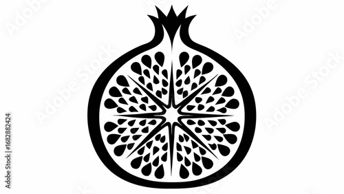 Black and white graphic of a halved pomegranate with seeds and a starburst pattern in the center silhouette