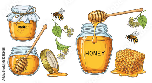 Delicious natural golden honey sweetener made by busy bees from flowers for health