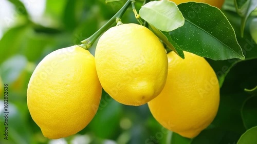 Fresh lemons hang on tree branch in bright sunlight