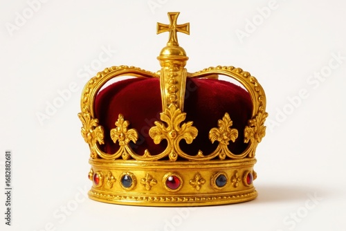 Ornate golden crown with red velvet and jeweled band on white background royal monarchy