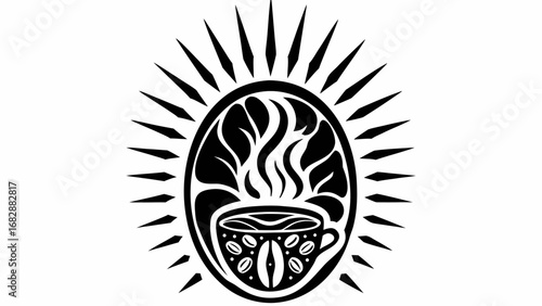 Stylized black and white coffee bean design with radiating spikes and steam above the beans and a cup handle silhouette