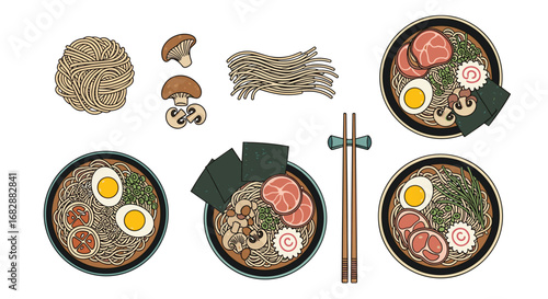 Pixel art japanese ramen noodle soup bowls with toppings and chopsticks collection