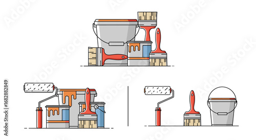 Collection of painting supplies including cans brushes rollers and trays for home renovation projects