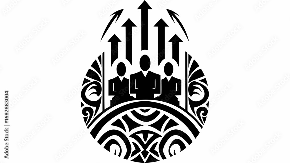 Fototapeta premium Black and white illustration of three people with arrows in a decorative circle design element silhouette