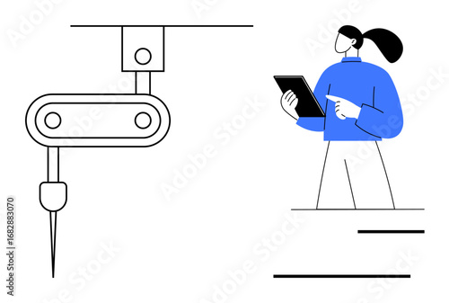 Robotic arm with precision tool operating, accompanied by a professional with a tablet. Ideal for automation, manufacturing, innovation, AI, engineering, technology, simple landing page