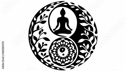 Silhouette of meditating figure inside circle with moon and dot surrounded by floral pattern design