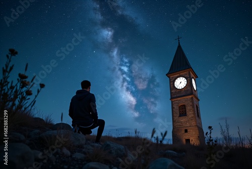 Man Watching Night Sky and Tower Clock Under the Milky Way