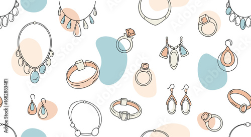 Elegant hand drawn jewelry collection with soft pastel shapes seamless pattern design