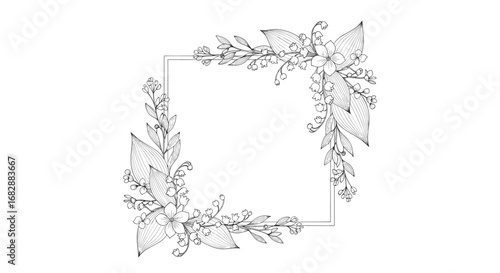 An abstract black and white botanical sketch of a square frame embellished with delicate floral and leafy tendrils