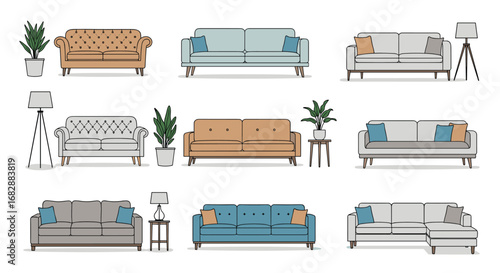 Collection of modern upholstered sofas and accent chairs with stylish living room decor elements