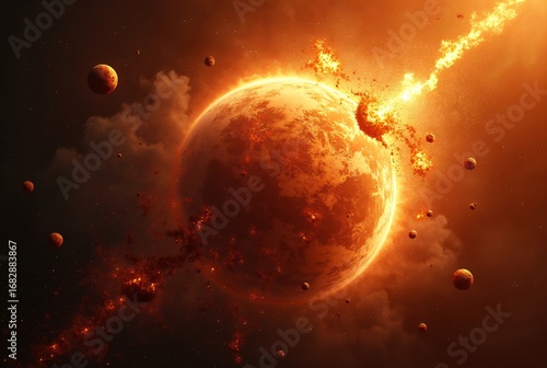 Planet Breaking Apart in Fiery Explosion Debris Floating in Space