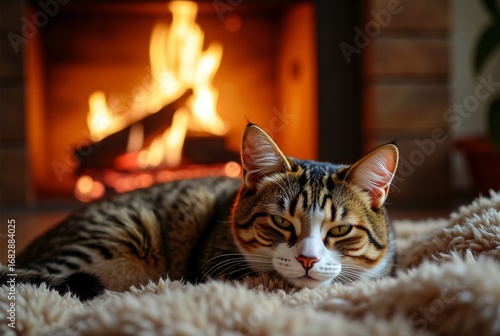 Relaxing Cat Lying Near Fireplace 