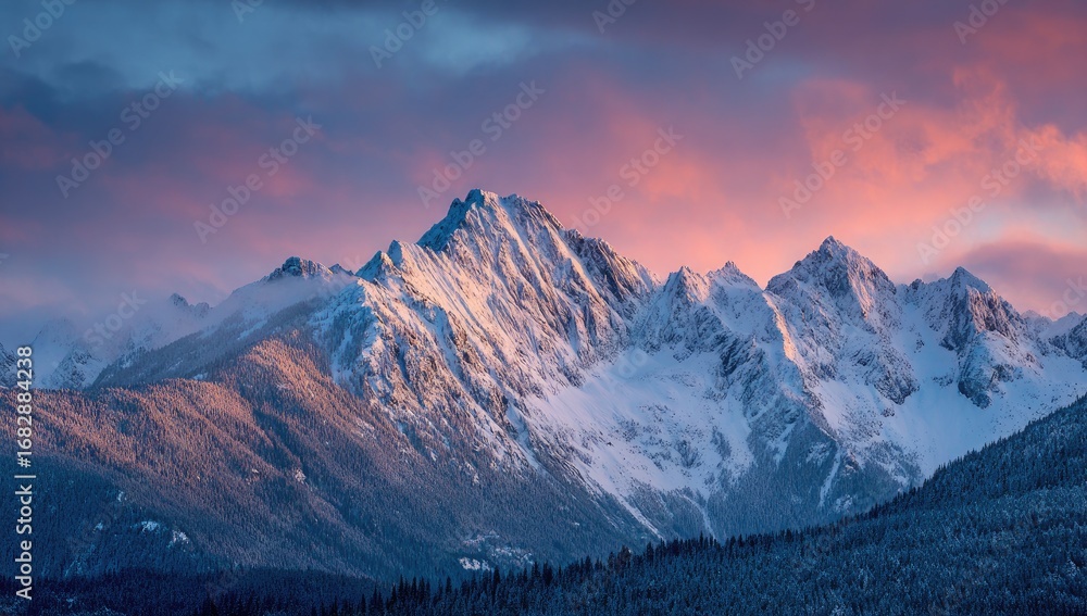 Obraz premium Majestic snow-capped mountain range at sunrise
