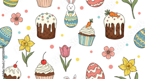 Charming easter celebration featuring decorated cakes and blooming flowers a delightful springtime pattern