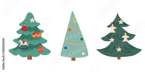 Winter set  Christmas trees isolated decorated with various ornaments, bells, and stars. Perfect for holiday greeting cards, festive posters, banners, and other seasonal designs.
