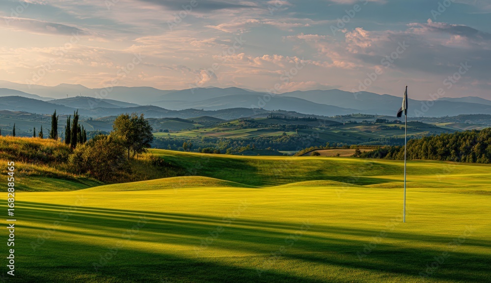 Obraz premium Golden golf course at sunset