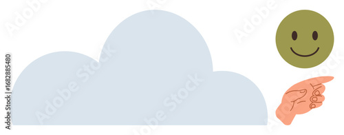Hand gestures toward green happy face, symbolizing positivity above a calming cloud. Ideal for technology, optimism, guidance, mental health, mindfulness, simplicity happiness. Simple flat metaphor