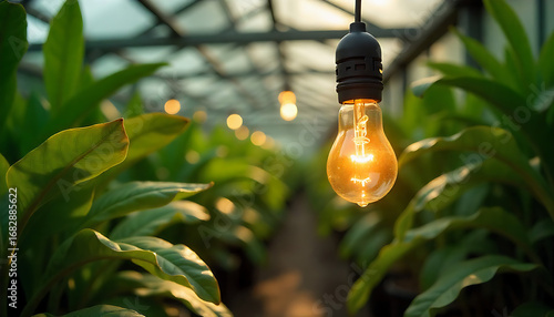 light bulb with green leaves