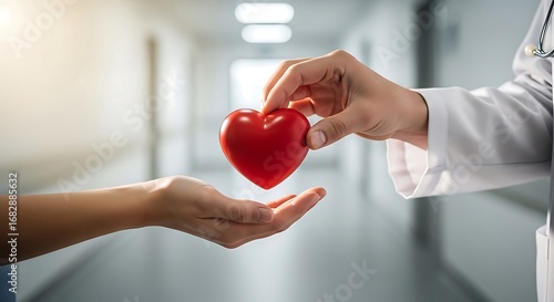 A doctor hands a heart-shaped symbol to a patient, representing care, empathy, and health support.